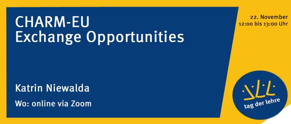Charm-EU_TagDerLehre Weißer Einladungstext auf blauem Hintergrund zur CharmEU: Exchange Opportunities am 22. November 2024